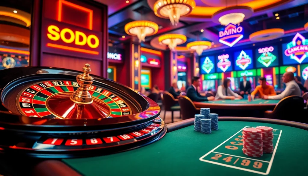 SODO branded poker table with glamorous chips and roulette wheel, vibrant casino atmosphere