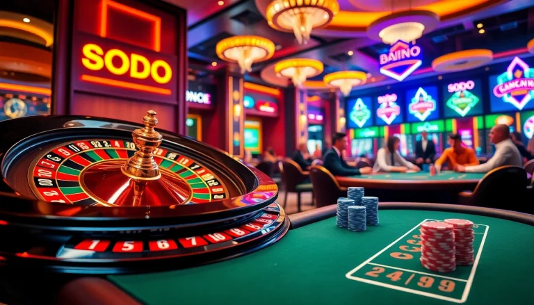 SODO branded poker table with glamorous chips and roulette wheel, vibrant casino atmosphere