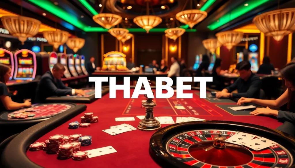 Players enjoying a thrilling game at THABET casino, surrounded by poker chips and cards.