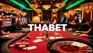 Players enjoying a thrilling game at THABET casino, surrounded by poker chips and cards.