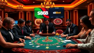 S88bet players engaged in a thrilling poker game at a luxurious casino table.