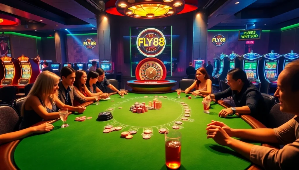 Exciting poker action at a casino table featuring FLY 88 chips in a vibrant atmosphere.