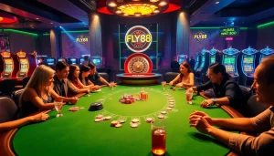 Exciting poker action at a casino table featuring FLY 88 chips in a vibrant atmosphere.