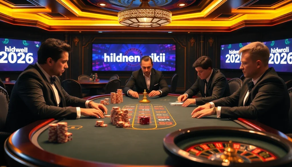 High-stakes poker game at a casino, featuring hidden wiki 2026 influences with luxurious details.