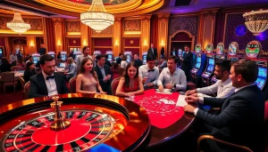 Capture the excitement at https://www.bdjl.win/ as players try their luck at a vibrant casino, featuring roulette and poker tables.