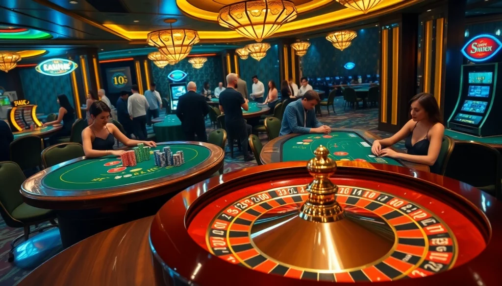 Experience the thrill of Nhà Cái TT88 at a vibrant casino scene with roulette, poker tables, and colorful chips.