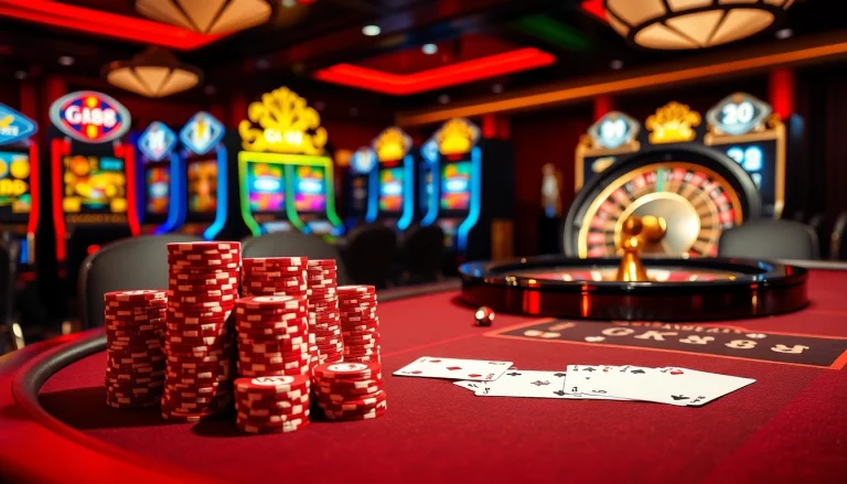 High-stakes gambling scene featuring GK88 poker chips and cards at an elegant casino table.