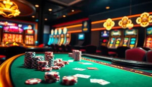 Exciting casino scene with a luxurious table setup featuring depo 5k gaming elements, vibrant colors, and a roulette wheel.