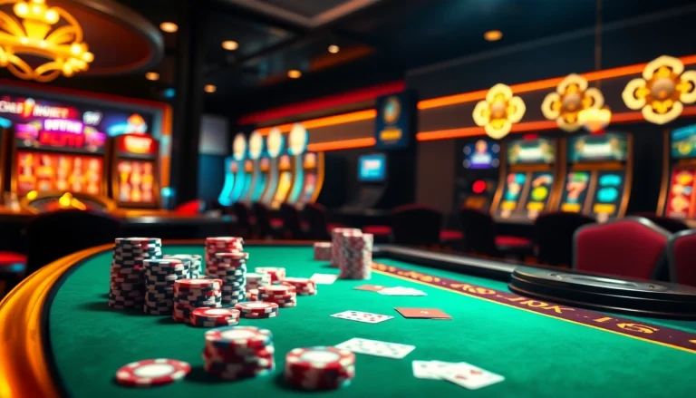 Exciting casino scene with a luxurious table setup featuring depo 5k gaming elements, vibrant colors, and a roulette wheel.