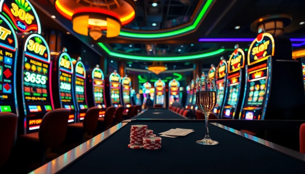 Experience the thrill of 365 slot machines in a luxurious casino setting with vibrant colors and lively action.