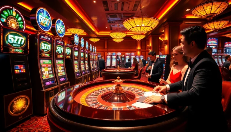 Players engaging with 5z777 slot machines and roulette table in a luxurious casino setting.