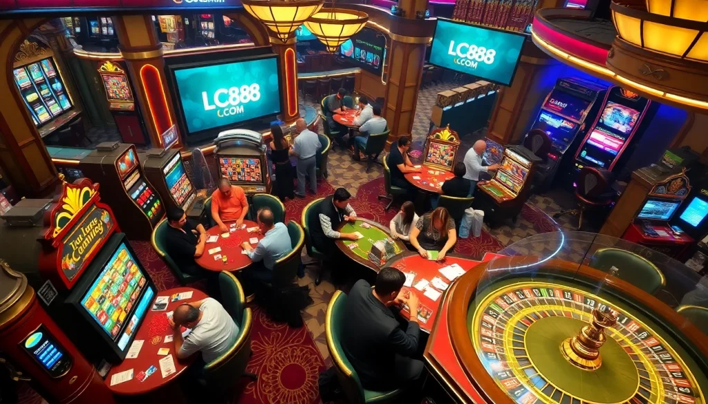 Experience the excitement of gaming at LC88 COM with vibrant casino tables and players engaged in thrilling bets.