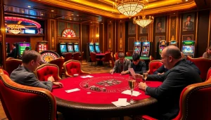 Exciting scene of high-stakes poker at a luxurious casino table with https://lc88.markerting betting slips.