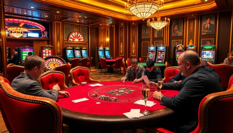 Exciting scene of high-stakes poker at a luxurious casino table with https://lc88.markerting betting slips.