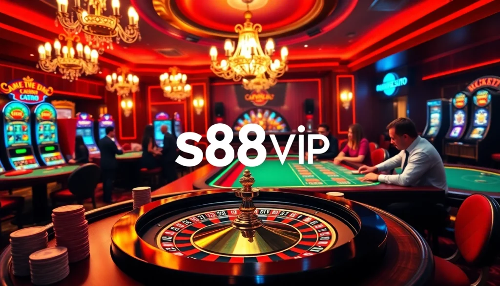 S88vip players enjoying blackjack at a luxurious casino table surrounded by vibrant games.