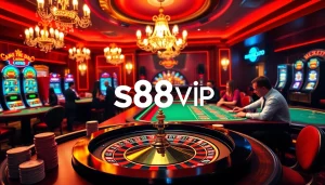 S88vip players enjoying blackjack at a luxurious casino table surrounded by vibrant games.