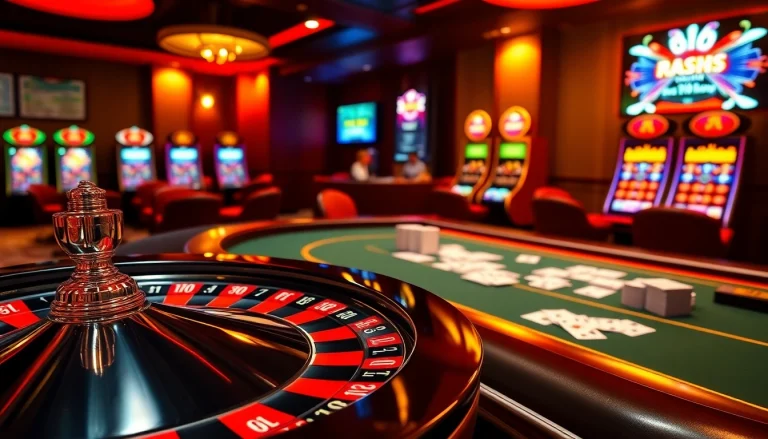 Experience thrilling online gambling at RR88 link with a luxurious casino scene featuring roulette and poker.