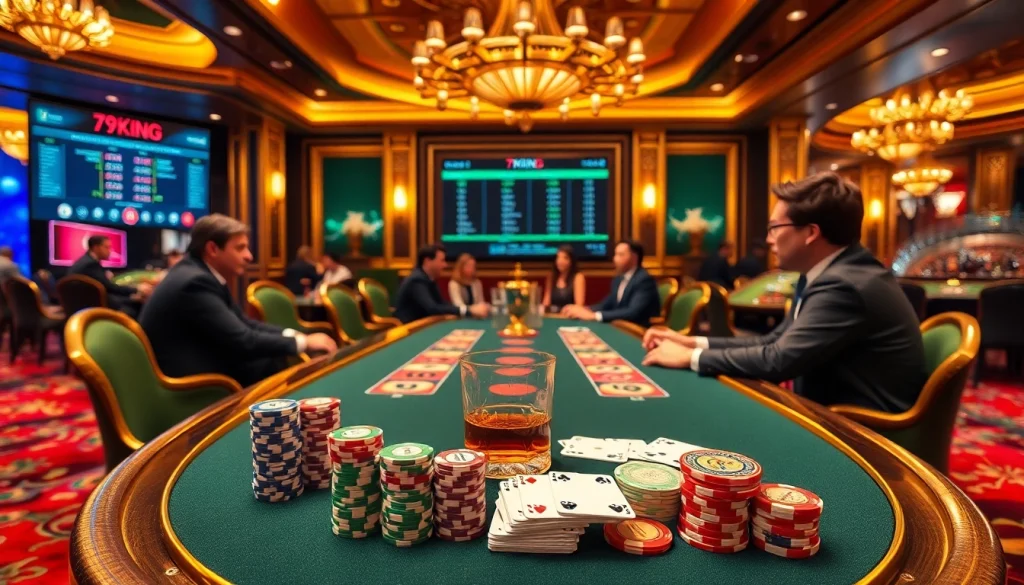 Experience thrilling poker action at 79king with vibrant casino lights and stacked chips.