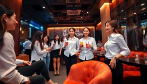 Suwon셔츠룸 interior with managers in stylish shirts creating a vibrant nightlife atmosphere.