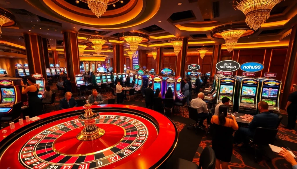 Action-packed NOHU90 casino scene with roulette table and colorful slot machines.