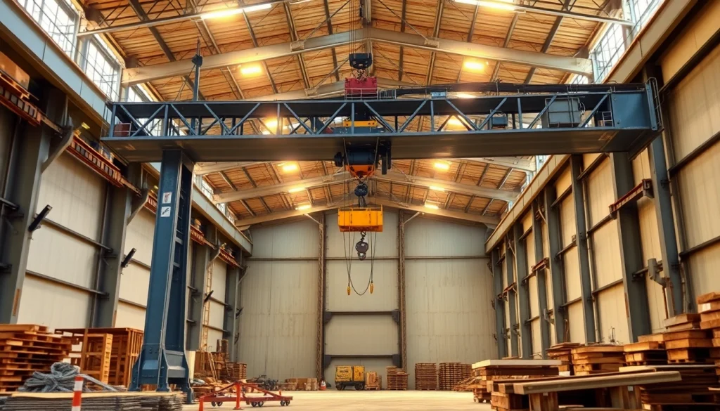 Double girder bridge crane lifting heavy materials in an industrial warehouse setting, showcasing strength and reliability.