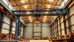 Double girder bridge crane lifting heavy materials in an industrial warehouse setting, showcasing strength and reliability.