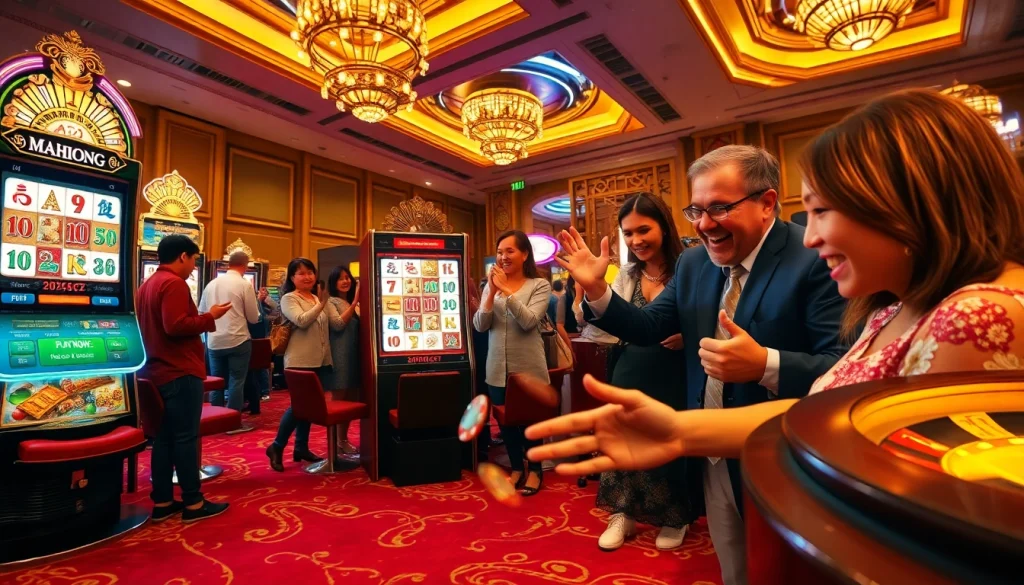 Experience an exciting Mahjong slot demo as players engage with thrilling casino games surrounded by vibrant lights and luxurious decor.