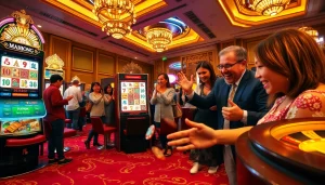 Experience an exciting Mahjong slot demo as players engage with thrilling casino games surrounded by vibrant lights and luxurious decor.