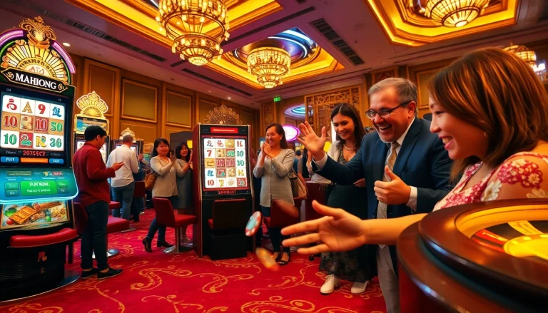 Experience an exciting Mahjong slot demo as players engage with thrilling casino games surrounded by vibrant lights and luxurious decor.