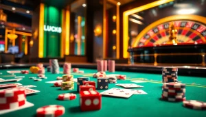 Cảnh bàn chơi LUCK8 với chip, bài và bánh xe roulette thể hiện sự phấn khích.