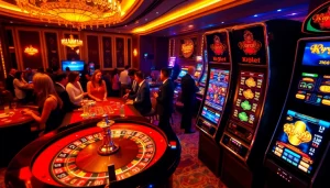 K9K9 players engaging in exciting betting at a vibrant casino scene with roulette and slot machines.