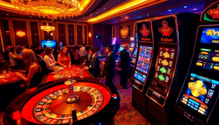 K9K9 players engaging in exciting betting at a vibrant casino scene with roulette and slot machines.