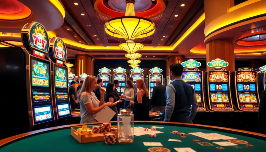 Para pemain merayakan kemenangan saat bermain slot bet 100 di kasino yang ramai.