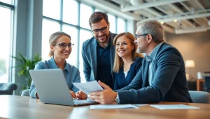 Engaging conversation about extended warranty provider services in a modern office.