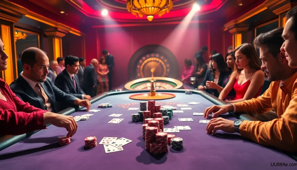 Players engaged in a thrilling poker game at https://uu88ae.com/ Casino excitement captured in vibrant colors.
