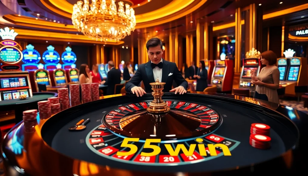 Experience exhilarating gameplay at 555win with an elegant casino scene featuring roulette and players.