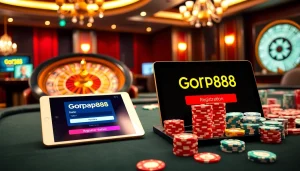 Engaging poker table scene showcasing Gopay88 Daftar registration amidst vibrant chips and cards.