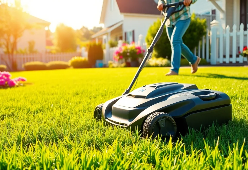 Effortlessly mowing a lush lawn with an electric lawn mower cordless, showcasing modern eco-friendly design.