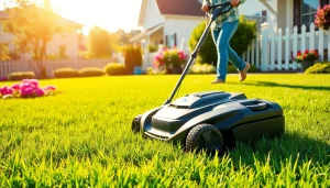 Effortlessly mowing a lush lawn with an electric lawn mower cordless, showcasing modern eco-friendly design.