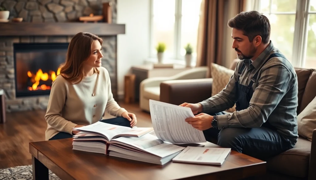 Engage in heating financing discussions with a professional in a cozy living room.