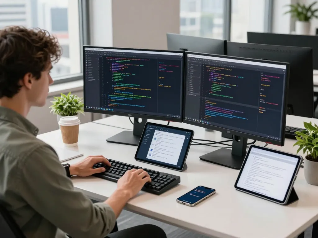 快连软件开发者在现代工作空间中编写代码，配备双显示器和生动的界面设计。