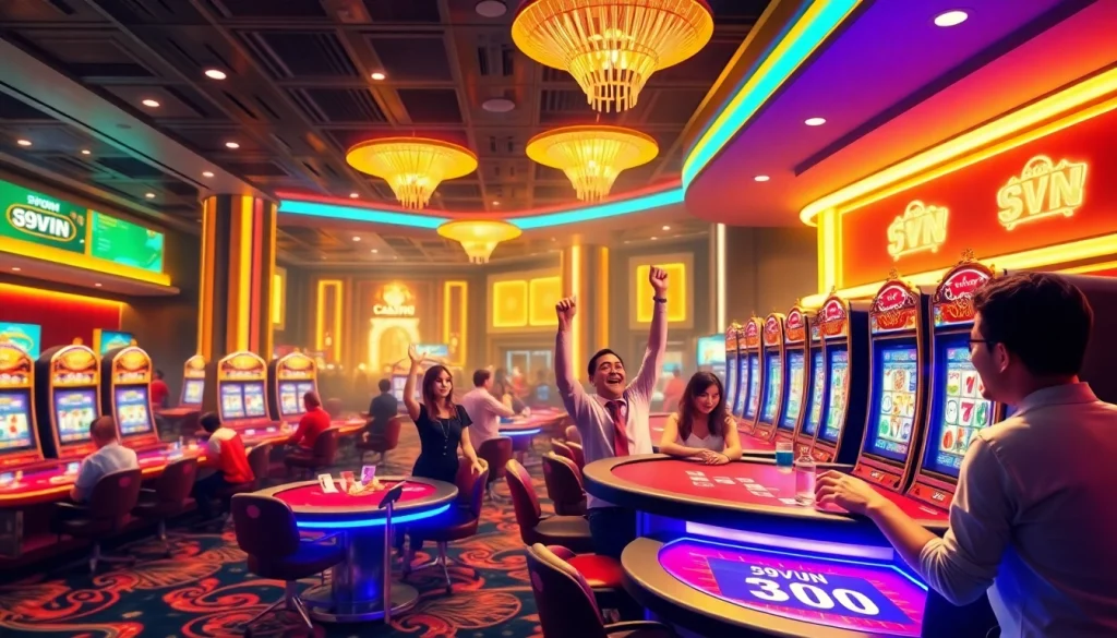 Exciting casino scene at 69VN showcasing players enjoying poker and slot games.