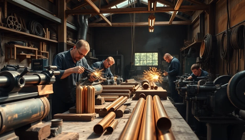 Teava bronz grafitat expusă într-un atelier profesional cu meșteșugari la lucru.
