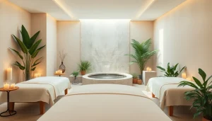 부드러운 조명과 차분한 장식이 있는 편안한 스웨디시 마사지 스파룸.