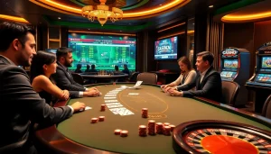 Vivez le frisson du казино en ligne avec des joueurs à une table de jeu professionnelle entourée d'éléments de jeu élégants.