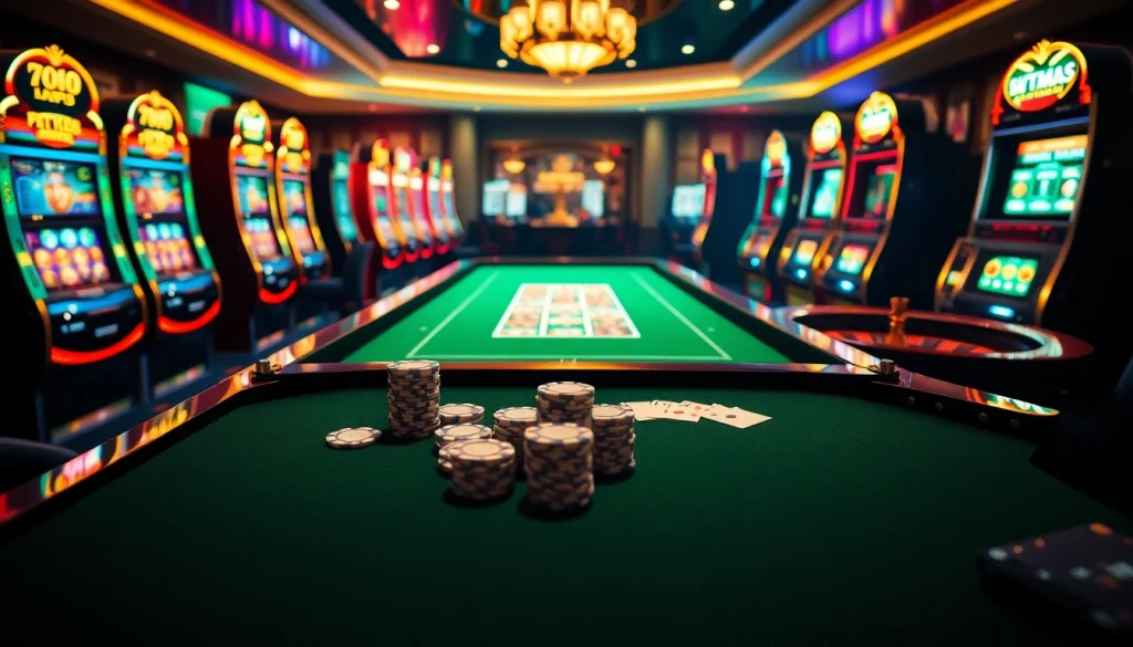 Exciting mm 88 casino scene with poker chips, cards, and roulette wheel, showcasing a vibrant atmosphere.