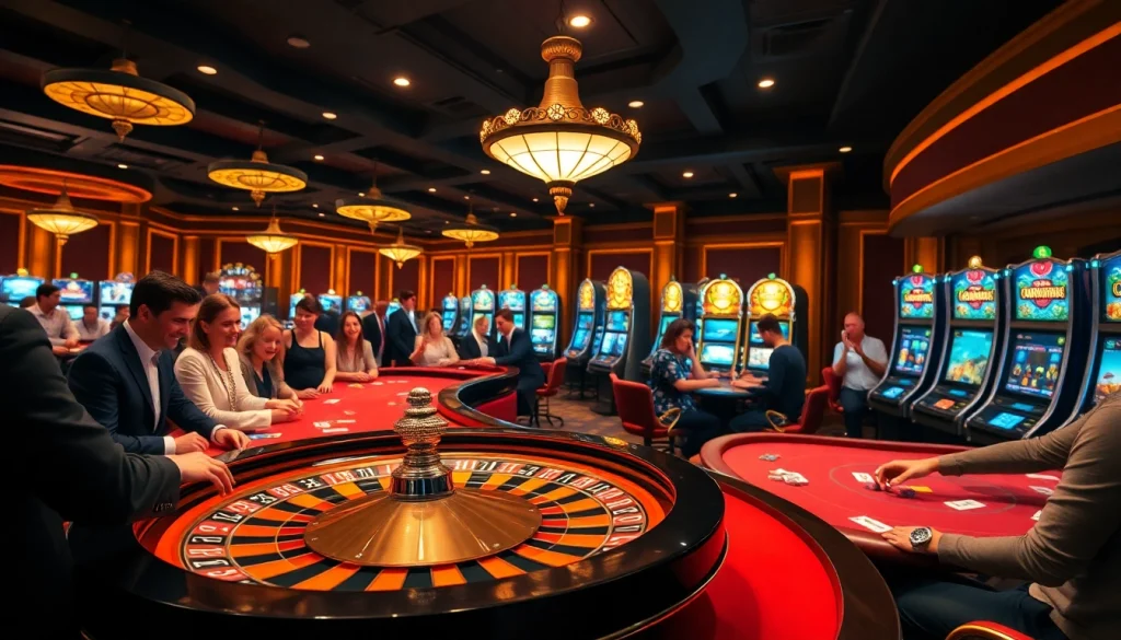 Ambiance excitante de casino en ligne avec des joueurs s'engageant autour des tables et des machines à sous.
