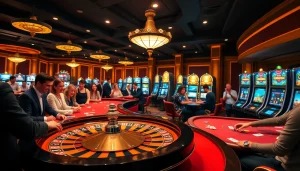 Ambiance excitante de casino en ligne avec des joueurs s'engageant autour des tables et des machines à sous.