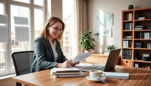 Profesjonalny księgowy udzielający konsultacji w zakresie Usług Księgowych w nowoczesnym biurze.