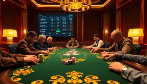 A vibrant idn poker scene featuring a high-stakes game, luxurious poker table, and players engaged.